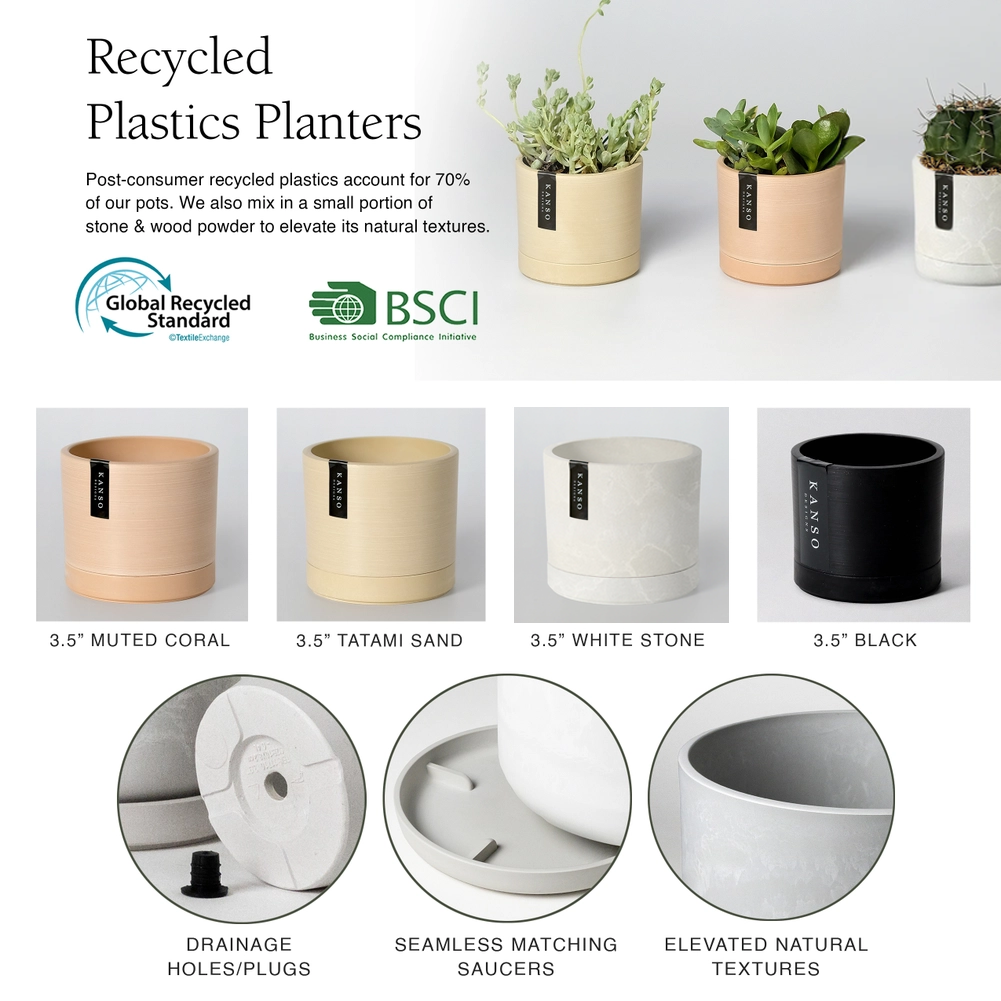 Kanso Designs 3.5" Earth Tone Mini Planters | Black - Olive Sage - Arctic Stone