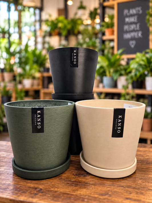 Kanso Designs 7" Pot with Saucer | Tapered | Indoor Plant Pot | Three Color Options